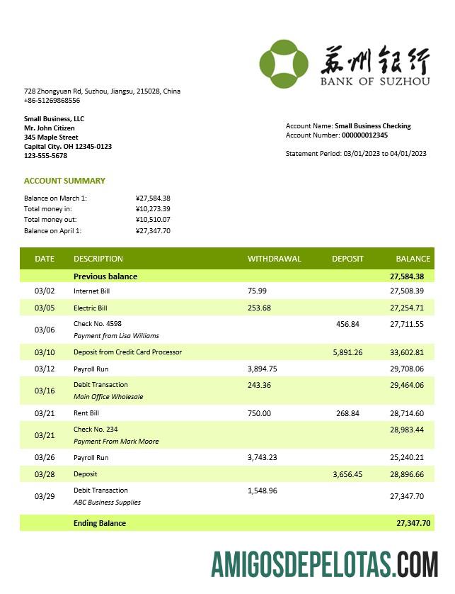 Baixável Bank Of Suzhou Firm modelo de extrato de conta Word e PDF